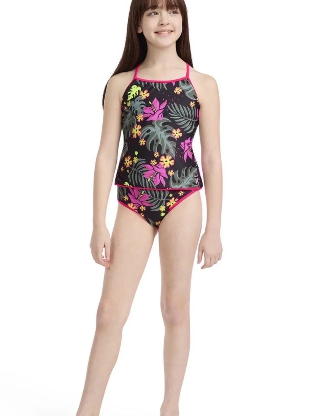 Hurley Black Tropical Print Tankini with Pink Trim